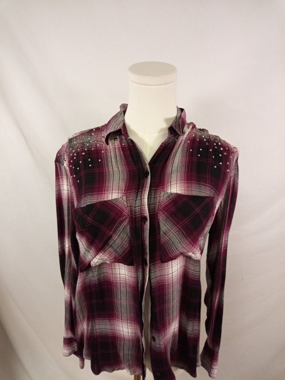 Express Junior's Burgundy+Grey Button Down Shirt